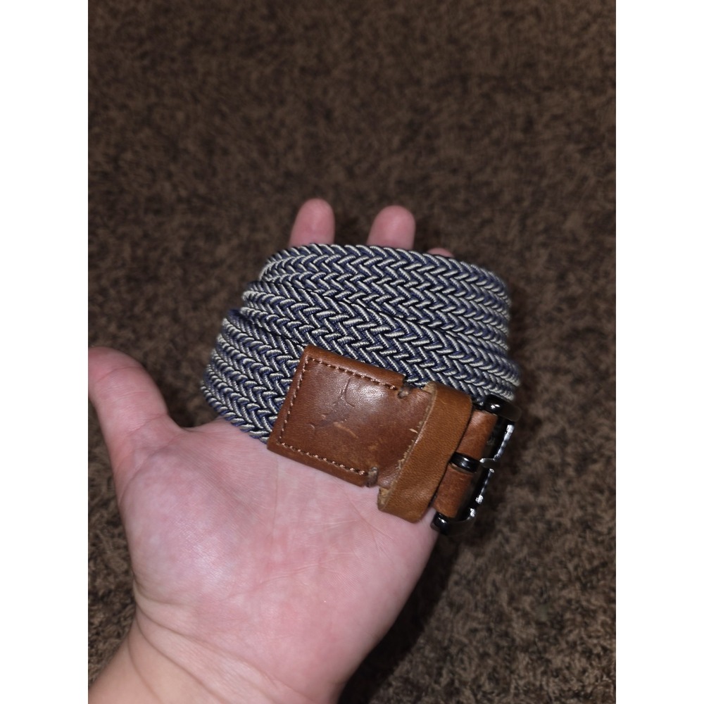 Tommy Bahama Men's Belt  Size L Navy Braided Woven Stretch & Brown Leather
